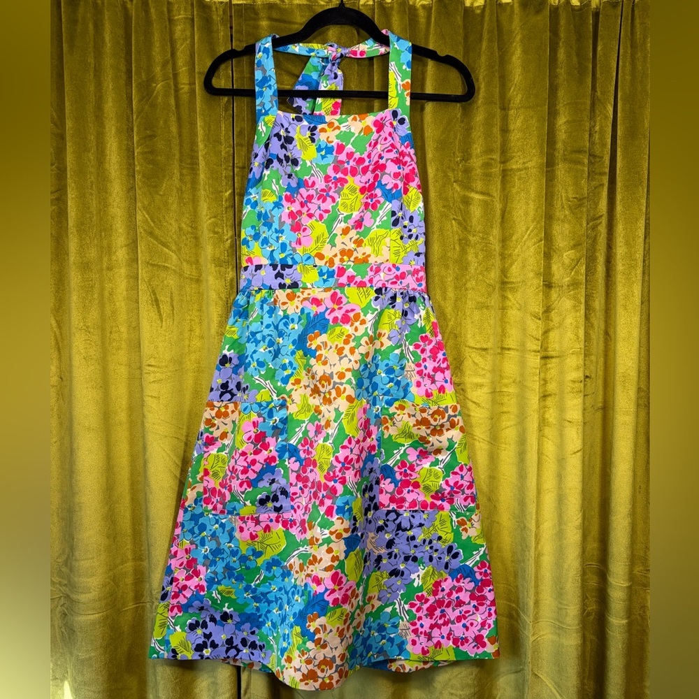Vintage 1970s Tori Richard Bright Floral Fit & Flare Halter Dress. Size small.